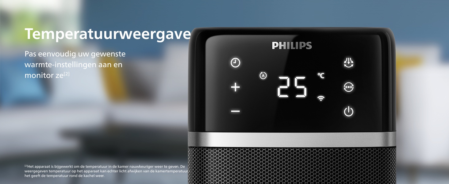 Close-up van het display van de Philips ventilatorkachel 5000 met een ingestelde temperatuur van 25 °C