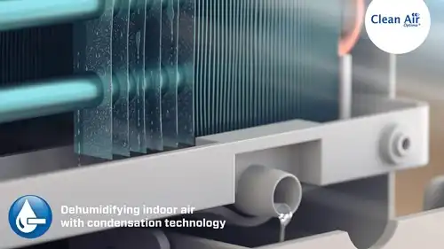Close-up van de koelelementen en de waterafvoer van de Clean Air Optima luchtontvochtiger
