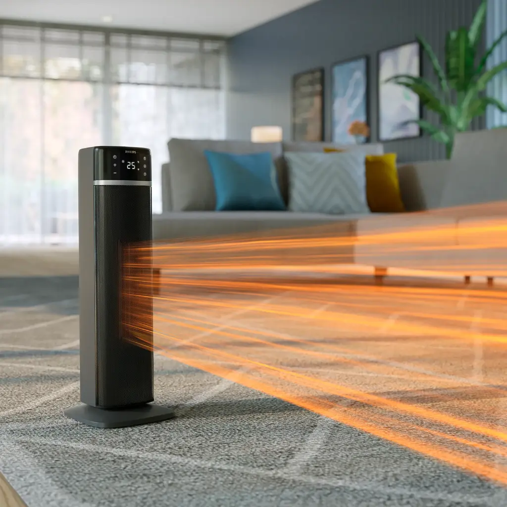 Philips ventilatorkachel 5000 in een woonkamer: de torenkachel blaast warme lucht richting de bank