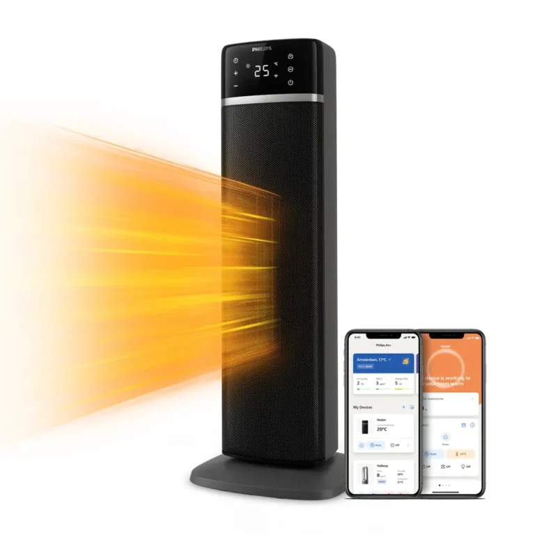 Philips Ventilatorkachel 5000 (CX5120/11): zwarte torenkachel met warme luchtstroom en de Philips Air+ app