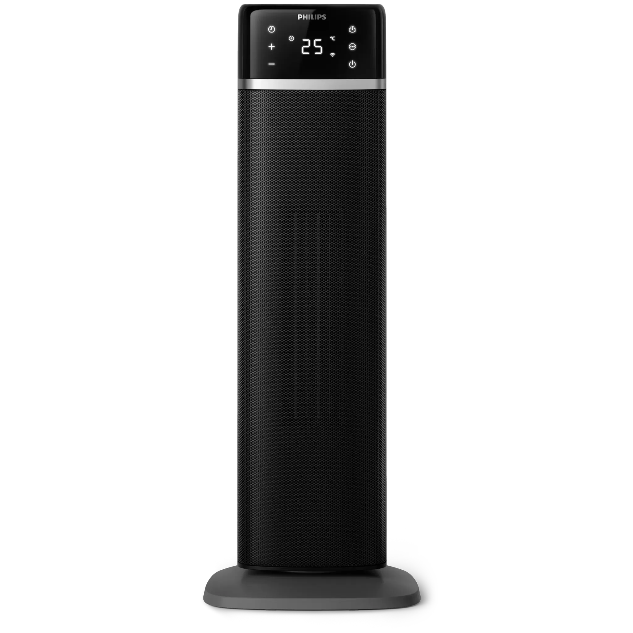 Philips Ventilatorkachel 5000 (CX5120/11) van voren gezien: zwarte torenkachel met display bovenop