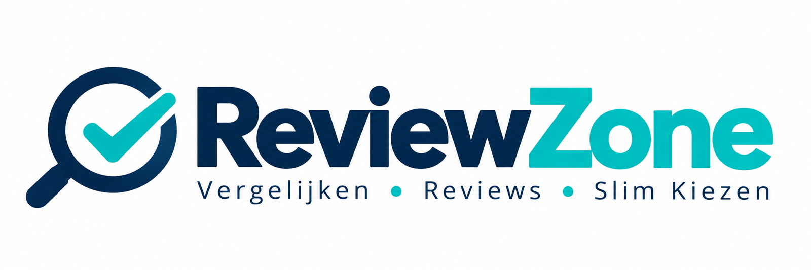 ReviewZone-logo met navy vergrootglas, turquoise vinkje en de slogan Vergelijken, Reviews, Slim Kiezen